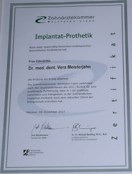 Zertifikat Implantat-Prothetik